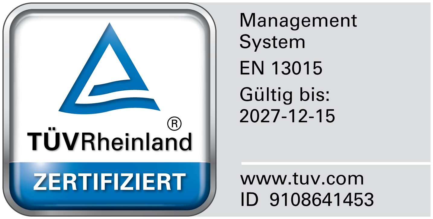 TÜV Rheinland – Managementsystem EN 13015, gültig bis 15.12.2027, ID 9108641453